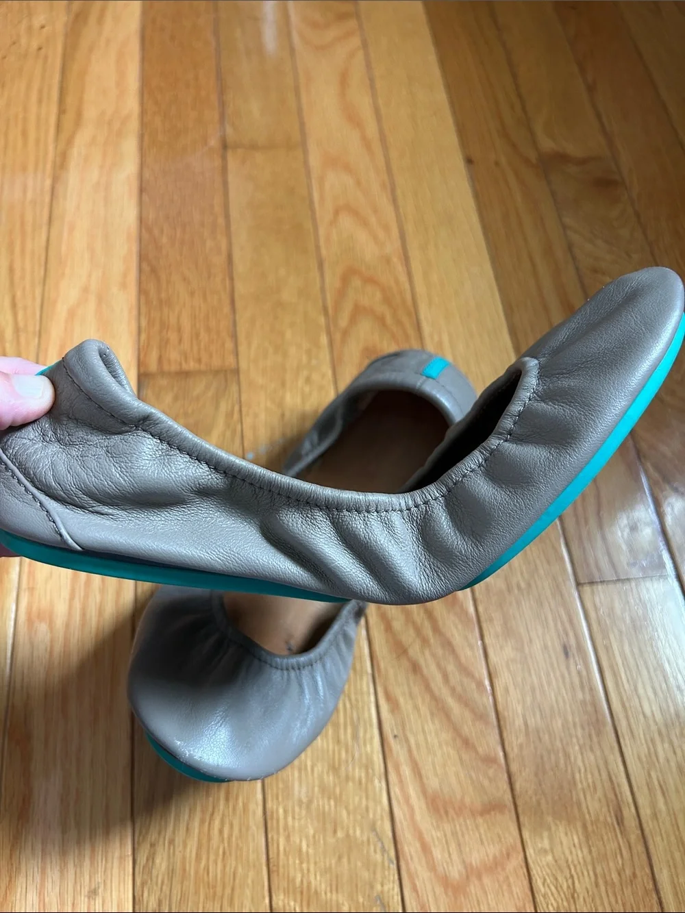 Tieks Light Brown/Khaki Leather Ballet Flats with Teal Trim - Picture 8 of 11